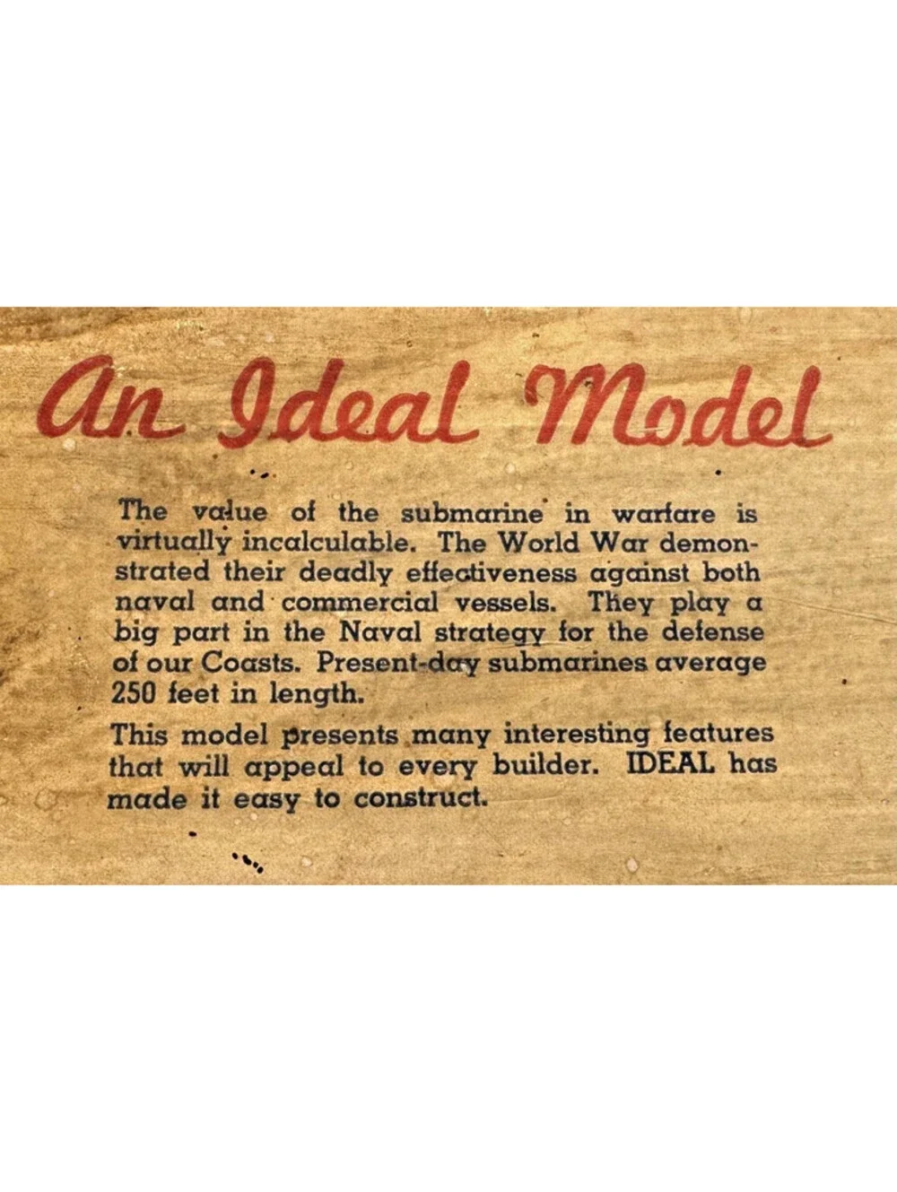 1938 Ideal Aeroplane Wood US Submarine Navy Model Ship Kit Box Instructions WW2